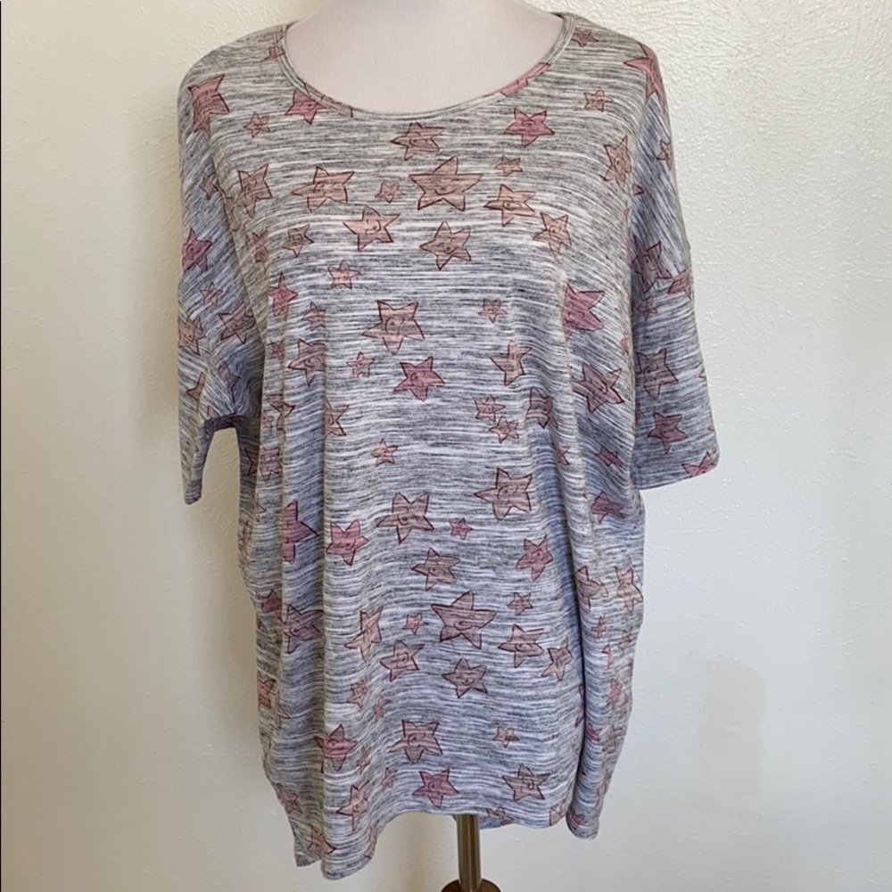 LuLaRoe Irma Tunic 2XL 24-26 Gray Pink Star Print High Low Oversized Top